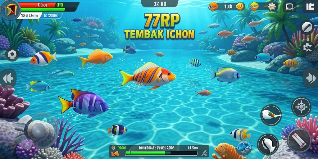 Screenshot utama 77RP menunjukkan aksi menembak ikan yang seru.
