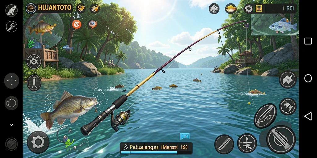 Gameplay menawan dalam HUJANTOTO yang menggambarkan momen memancing yang seru.
