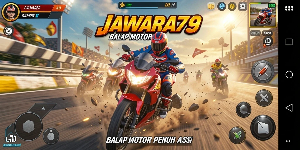 Tampilan gameplay balap motor yang intens dan penuh aksi di JAWARA79.