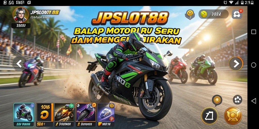 Tampilan gameplay seru dari JPSLOT88 di lintasan balap motor.