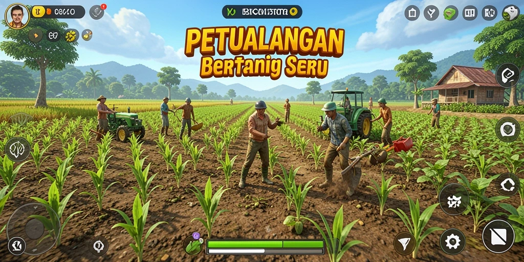 Tangkapan layar gameplay KOKITOTO yang menunjukkan aktivitas bertani yang seru.