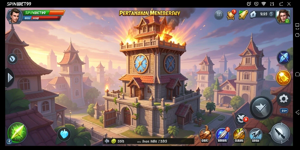 Tangkapan layar gameplay SPINBET99 menunjukkan aksi menegangkan di medan pertempuran Tower Defense.