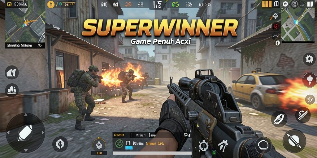 Screenshot dari gameplay mendebarkan SUPERWINNER dengan aksi menembak cepat.